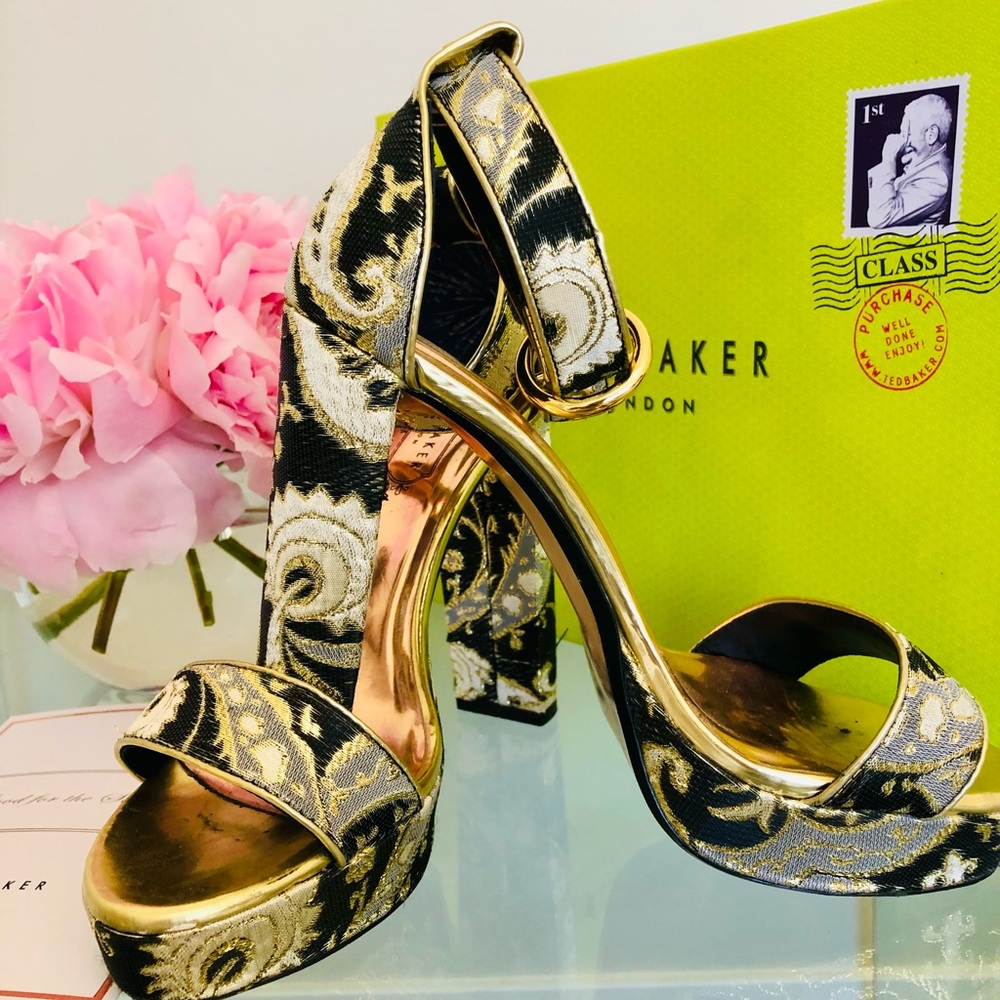 Ted Baker Gold and Blue Paisley platforms.
